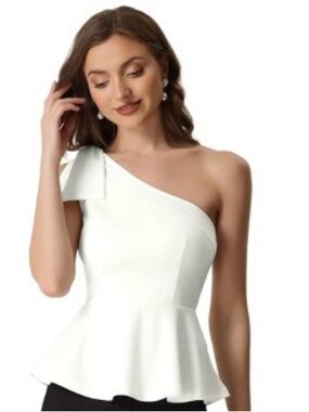 Allegra-K One Shoulder White Peplum Top with Shoulder Bow